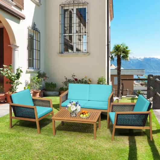 4 Pieces Patio Rattan Furniture Set with Removable Cushions-Turquoise - Color: Turquoise - Image 2
