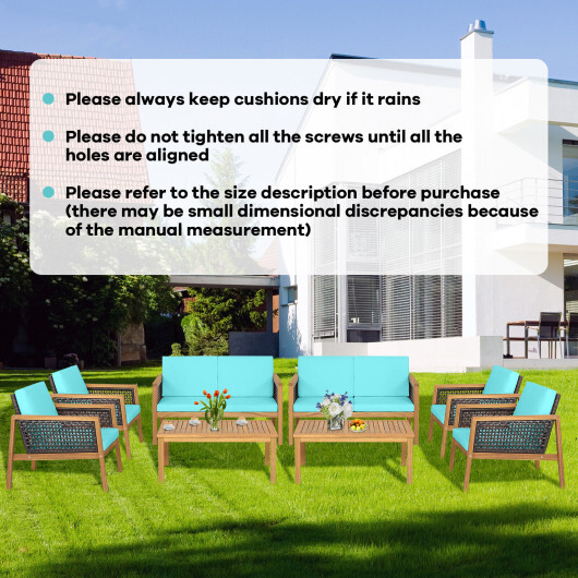 4 Pieces Patio Rattan Furniture Set with Removable Cushions-Turquoise - Color: Turquoise - Image 3