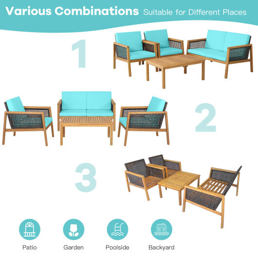 4 Pieces Patio Rattan Furniture Set with Removable Cushions-Turquoise - Color: Turquoise - Image 5