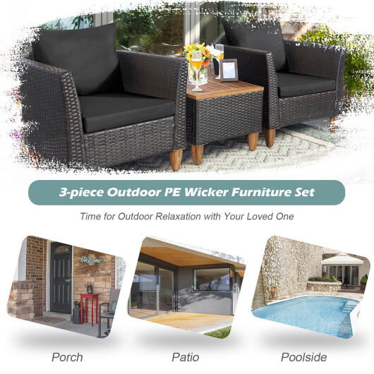 3 Pieces Patio Rattan Bistro Furniture Set with Wooden Table Top-Black - Color: Black - Image 3