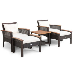 5 Pieces Patio Rattan Furniture Set with Acacia Wood Table - Color: White