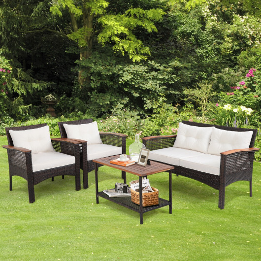 4 Pieces Patio Rattan Acacia Wood Furniture Set with Cushions and Armrest - Color: Espresso - Image 2