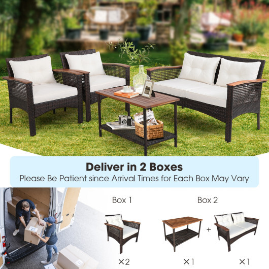 4 Pieces Patio Rattan Acacia Wood Furniture Set with Cushions and Armrest - Color: Espresso - Image 3