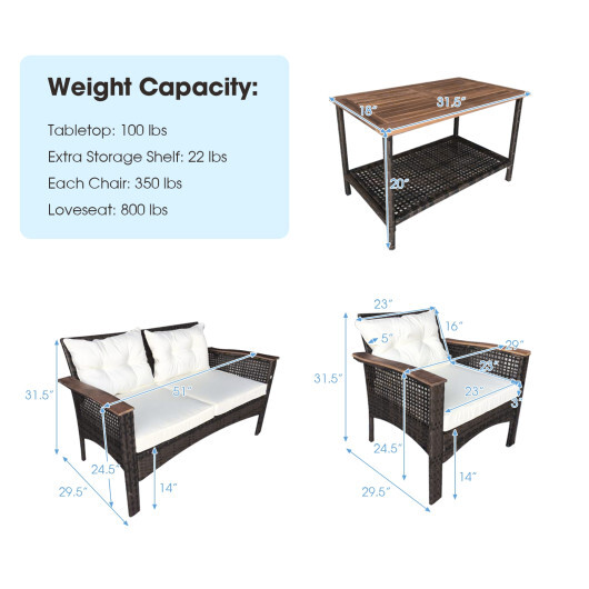 4 Pieces Patio Rattan Acacia Wood Furniture Set with Cushions and Armrest - Color: Espresso - Image 4