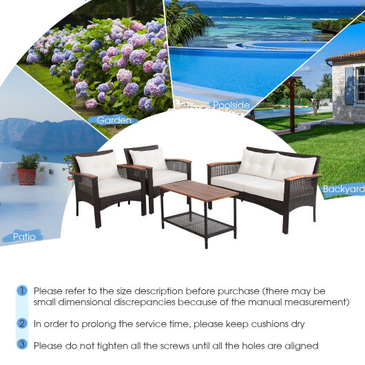 4 Pieces Patio Rattan Acacia Wood Furniture Set with Cushions and Armrest - Color: Espresso - Image 5