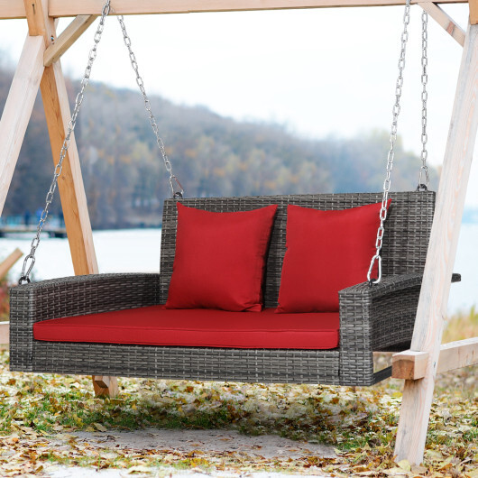 2-Person Patio PE Wicker Hanging Porch Swing Bench Chair Cushion 800 Pounds-Red - Color: Red - Image 2