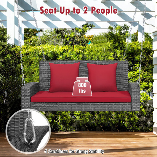 2-Person Patio PE Wicker Hanging Porch Swing Bench Chair Cushion 800 Pounds-Red - Color: Red - Image 3