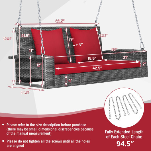 2-Person Patio PE Wicker Hanging Porch Swing Bench Chair Cushion 800 Pounds-Red - Color: Red - Image 4