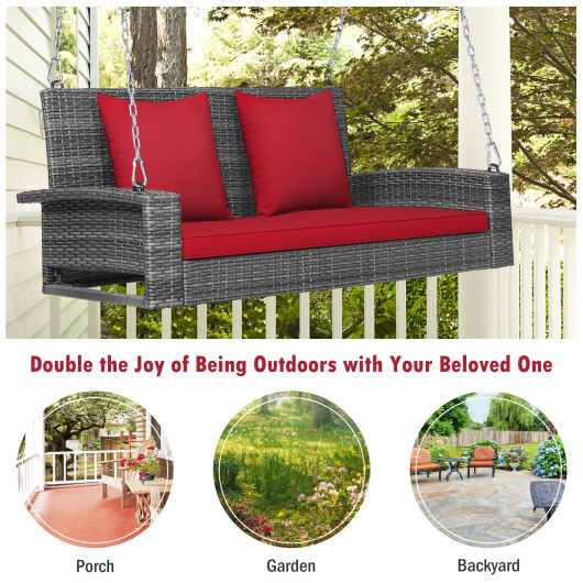2-Person Patio PE Wicker Hanging Porch Swing Bench Chair Cushion 800 Pounds-Red - Color: Red - Image 5