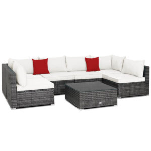 7 Pieces Patio Rattan Furniture Set Sectional Sofa Garden Cushion-White - Color: White