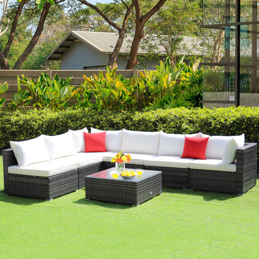 7 Pieces Patio Rattan Furniture Set Sectional Sofa Garden Cushion-White - Color: White - Image 2