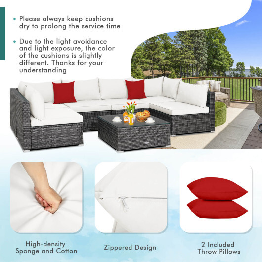 7 Pieces Patio Rattan Furniture Set Sectional Sofa Garden Cushion-White - Color: White - Image 5