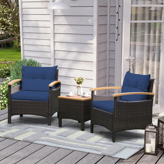 3 Pieces Patio Rattan Furniture Set with Removable Cushion-Navy - Color: Navy - Image 2