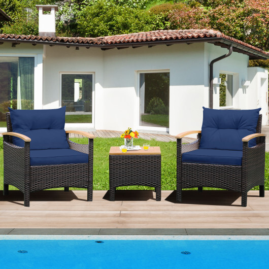 3 Pieces Patio Rattan Furniture Set with Removable Cushion-Navy - Color: Navy - Image 3