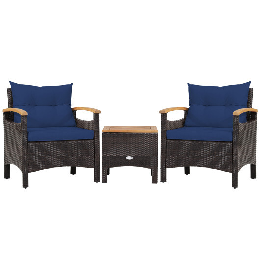 3 Pieces Patio Rattan Furniture Set with Removable Cushion-Navy - Color: Navy - Image 4