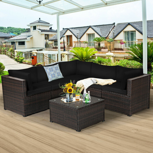 6 Pieces Patio Furniture Sofa Set with Cushions for Outdoor-Black - Color: Black - Image 2