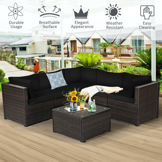 6 Pieces Patio Furniture Sofa Set with Cushions for Outdoor-Black - Color: Black - Image 3