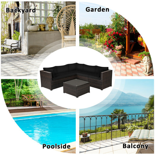 6 Pieces Patio Furniture Sofa Set with Cushions for Outdoor-Black - Color: Black - Image 5