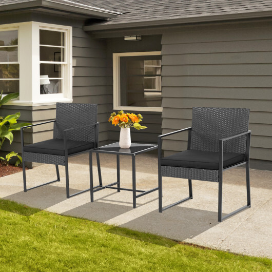3 Pieces Modern Heavy Duty Patio Furniture Set with Coffee Table-Black - Color: Black - Image 2