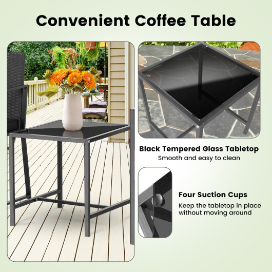 3 Pieces Modern Heavy Duty Patio Furniture Set with Coffee Table-Black - Color: Black - Image 3