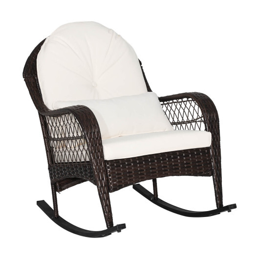 Patio Rattan Rocking Chair with Seat Back Cushions and Waist Pillow-White - Color: White