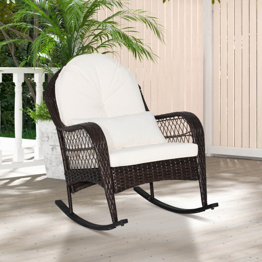 Patio Rattan Rocking Chair with Seat Back Cushions and Waist Pillow-White - Color: White - Image 2