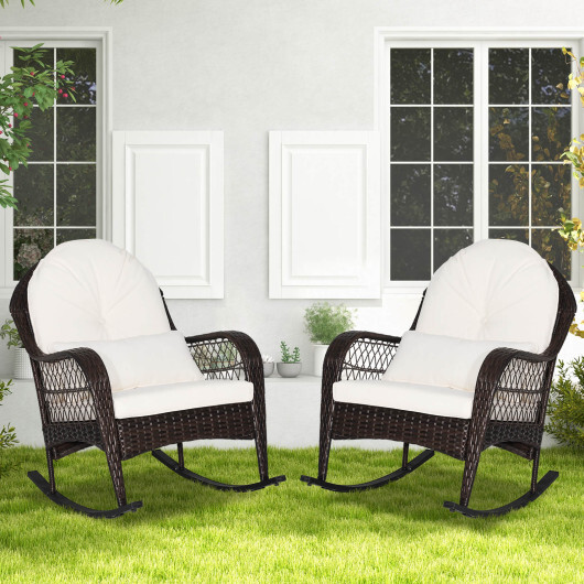 Patio Rattan Rocking Chair with Seat Back Cushions and Waist Pillow-White - Color: White - Image 3