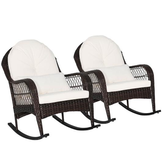 Patio Rattan Rocking Chair with Seat Back Cushions and Waist Pillow-White - Color: White - Image 4