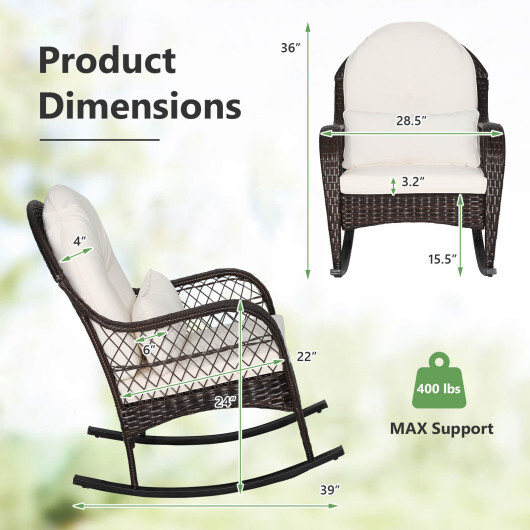 Patio Rattan Rocking Chair with Seat Back Cushions and Waist Pillow-White - Color: White - Image 5