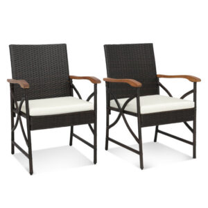 Set of 2/4 Patio Wicker Dining Chairs with Soft Zippered Cushion-Set of 2 - Color: Off White
