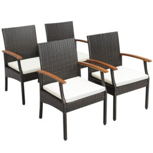 Set of 2/4 Outdoor PE Wicker Chair with Acacia Wood Armrests-Set of 4 - Color: Off White
