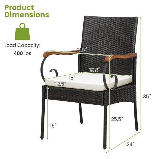 Set of 2/4 Outdoor PE Wicker Chair with Acacia Wood Armrests-Set of 4 - Color: Off White - Image 5