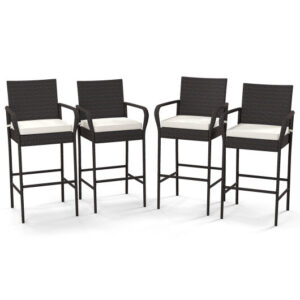 2/4 Pieces Outdoor PE Rattan Cushioned Barstool Set with Armrests-Set of 4 - Color: Off White