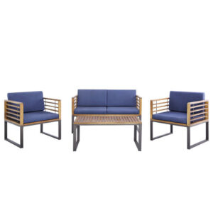 4 Piece Patio Acacia Wood Conversation Set with Soft Seat-Navy - Color: Navy