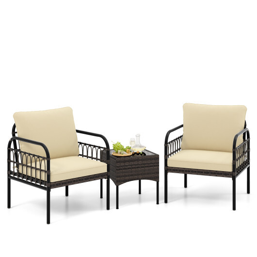 3 Pieces Patio Wicker Conversation Set with Cushions and Tempered Glass Coffee Table-Beige - Color: Beige - Image 4