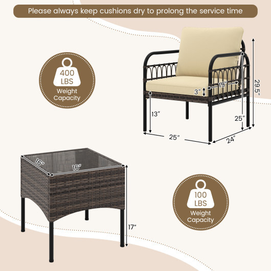 3 Pieces Patio Wicker Conversation Set with Cushions and Tempered Glass Coffee Table-Beige - Color: Beige - Image 5