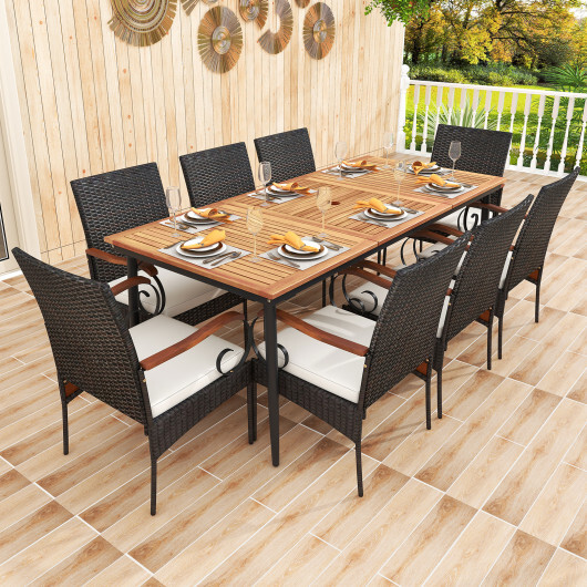 79 Inch Outdoor Dining Table and 8 Rattan-woven Dining Chairs with Acacia Wood Tabletop - Color: Natural - Image 2