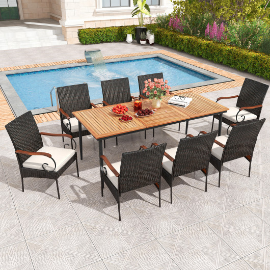 79 Inch Outdoor Dining Table and 8 Rattan-woven Dining Chairs with Acacia Wood Tabletop - Color: Natural - Image 3