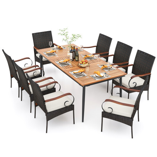 79 Inch Outdoor Dining Table and 8 Rattan-woven Dining Chairs with Acacia Wood Tabletop - Color: Natural - Image 4