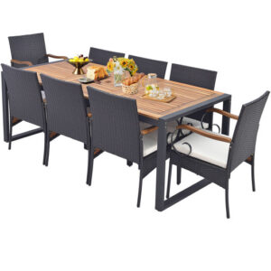 9 Pieces Patio Rattan Dining Set with Acacia Wood Table for Backyard Garden-Curved Handrail