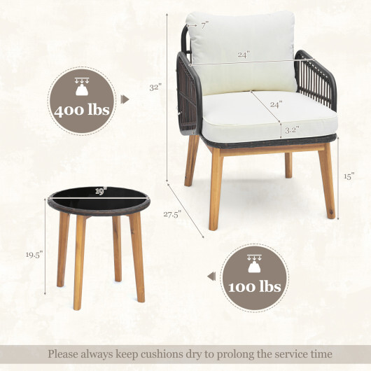 3 Pieces Patio Furniture Set with Cushioned Chairs and Tempered Glass Side Table-Black - Color: Black - Image 5