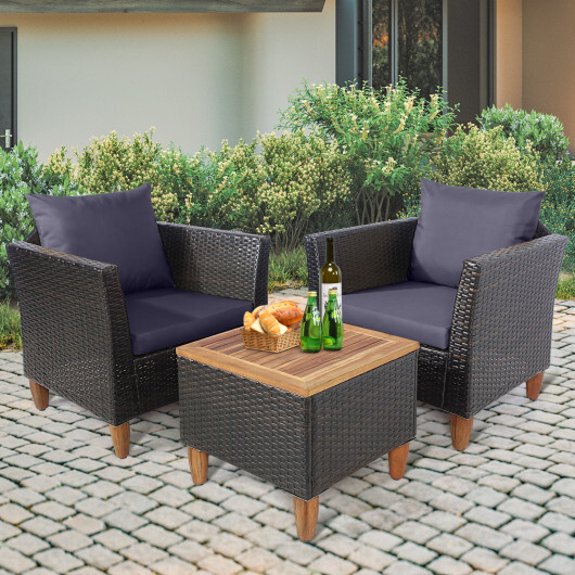3 Pieces Outdoor Patio Wicker Furniture Set with Cushions and Acacia Wood Coffee Table-Gray - Color: Gray - Image 2