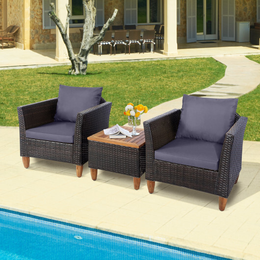 3 Pieces Outdoor Patio Wicker Furniture Set with Cushions and Acacia Wood Coffee Table-Gray - Color: Gray - Image 3