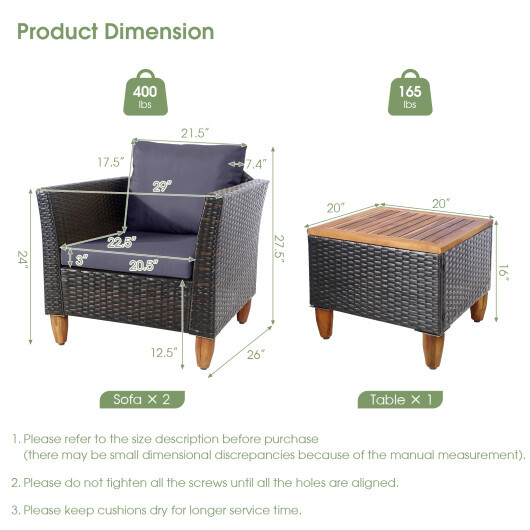 3 Pieces Outdoor Patio Wicker Furniture Set with Cushions and Acacia Wood Coffee Table-Gray - Color: Gray - Image 4