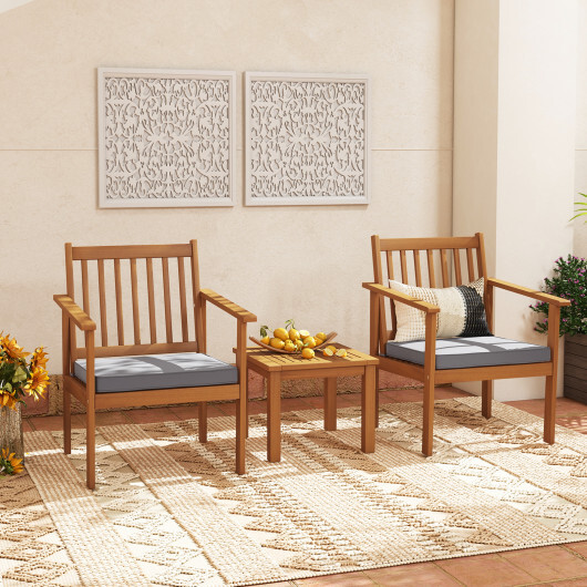 3 Pieces Patio Wood Furniture Set with soft Cushions for Porch-Gray - Color: Gray - Image 3