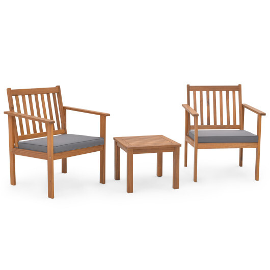 3 Pieces Patio Wood Furniture Set with soft Cushions for Porch-Gray - Color: Gray - Image 4