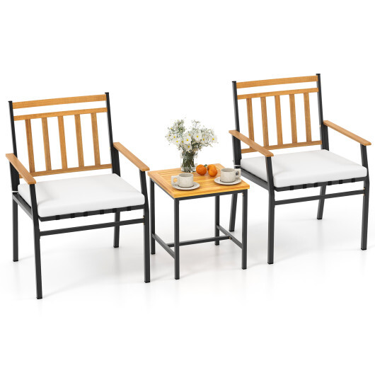 3 Pieces Outdoor Furniture Set Acacia Wood Patio Conversation Set with Cushions-White - Color: White - Image 4