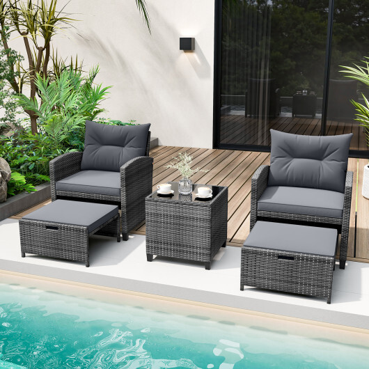 5 Piece Patio Rattan Furniture with 2 Ottomans and Tempered Glass Coffee Table-Gray - Color: Gray - Image 2