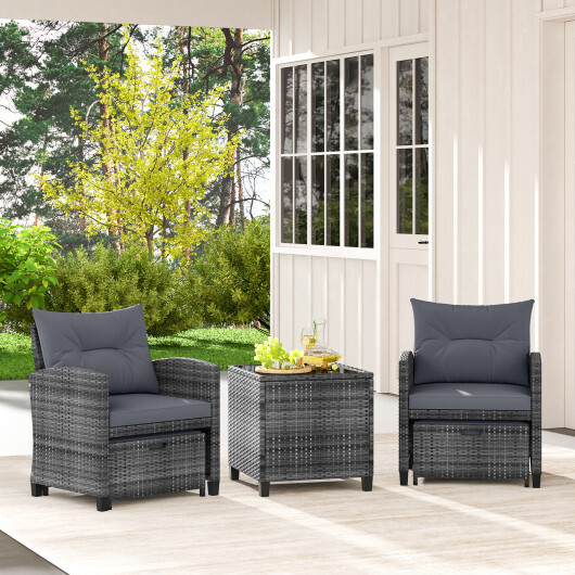 5 Piece Patio Rattan Furniture with 2 Ottomans and Tempered Glass Coffee Table-Gray - Color: Gray - Image 3