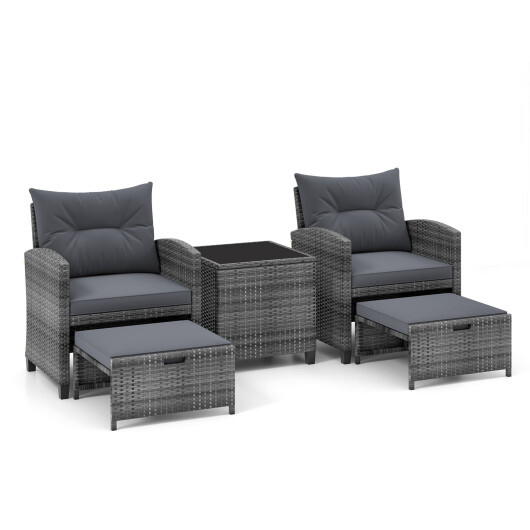5 Piece Patio Rattan Furniture with 2 Ottomans and Tempered Glass Coffee Table-Gray - Color: Gray - Image 4